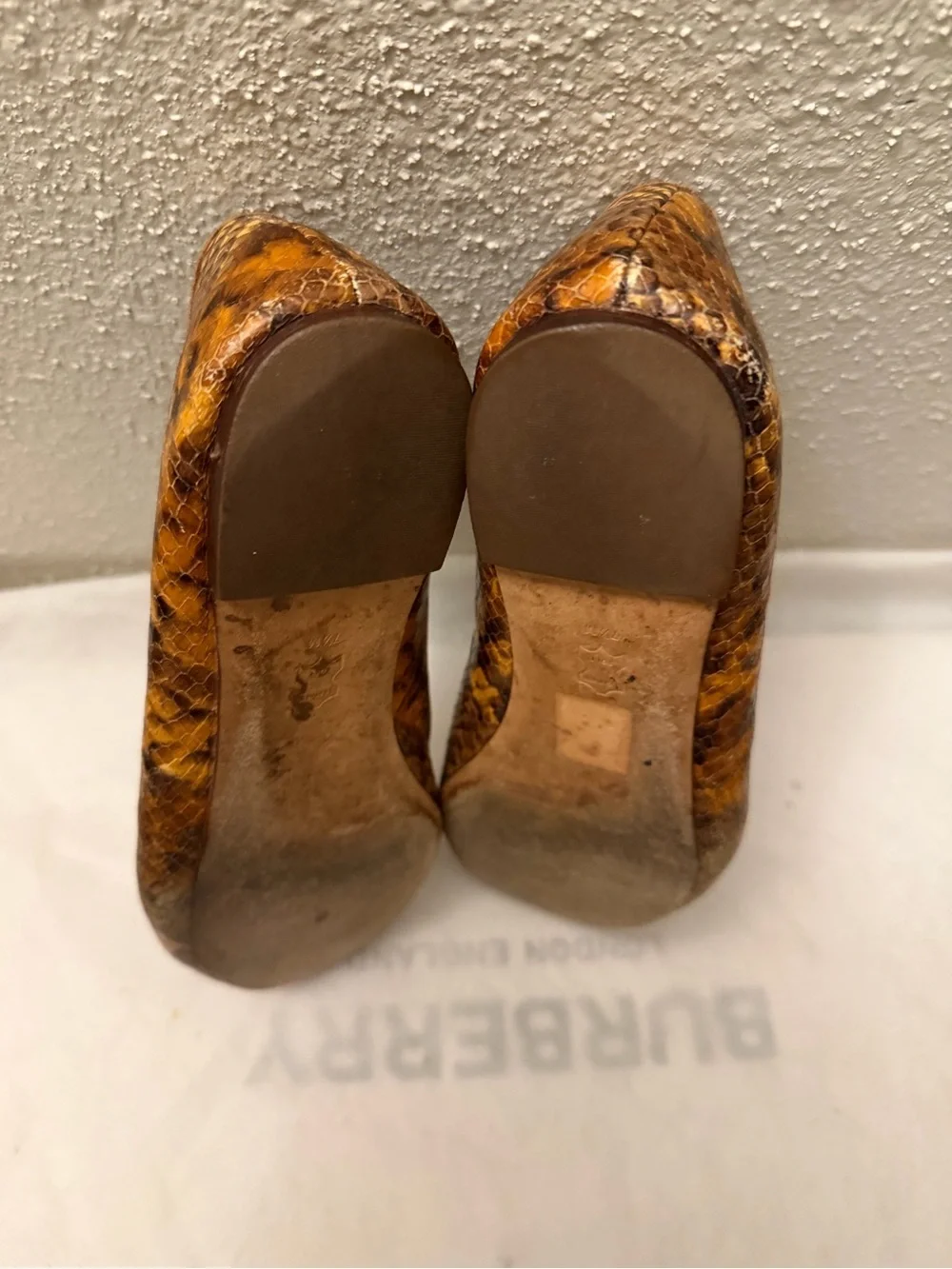 Tory Burch Brown & Tan Snakeskin-Print Ballet Flats with Gold Logo Charm, pre-ow